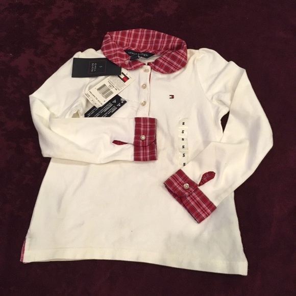 Tommy Hilfiger Other - NWT Tommy Hilfiger Girls White Long Sleeve Polo Plaid Trim S 5 🏷️✨
